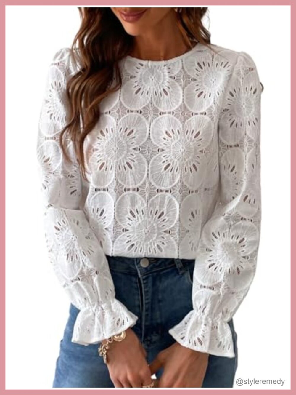 Lace Eyelet Puff Sleeve Blouse Cotton Nylon Sheer Crochet Top